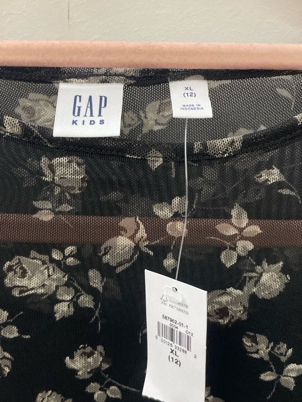 GAP Kids Black Floral Mesh Top with Cream Bloom Print
